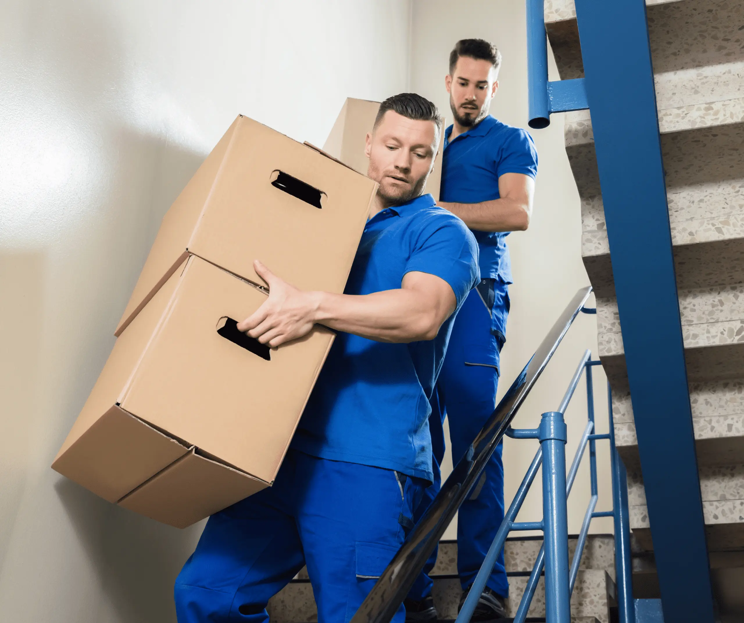 two guys going down the stairs carrying boxes