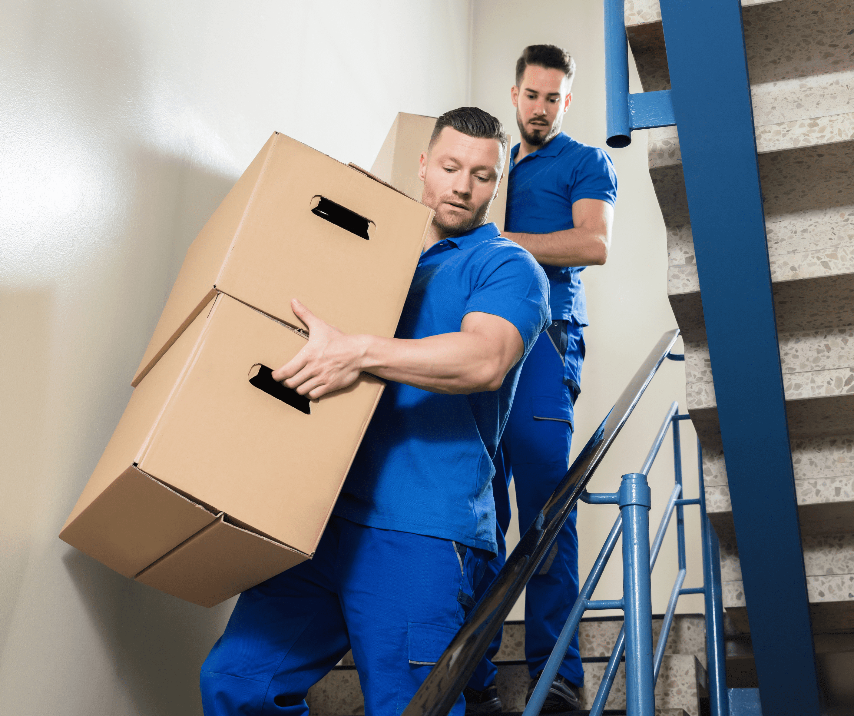 two guys going down the stairs carrying boxes